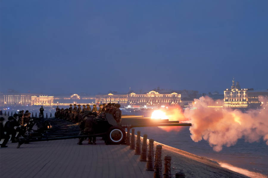 Russian servicemen fire artillery pieces during Victory Day celebrations in St Petersburg as Moscow signals the war may be nearing its final stage.