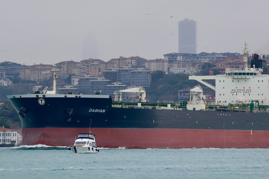 Dashan, a tanker from Russia's 'shadow fleet', transits the Bosphorus en route to the Black Sea in December 2025. The EU plans to add 30 more shadow fleet vessels to its blacklist in the latest sanctions package.