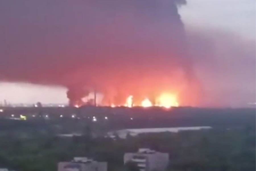 Fire and a thick plume of smoke rise in the vicinity of the Ryazan oil refinery in Russia after a large-scale Ukrainian drone attack.