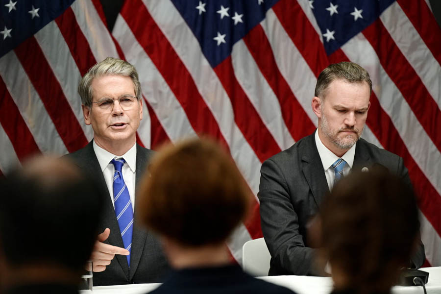 US Treasury Secretary Scott Bessent and US Trade Representative Jamieson Greer are seen together following the conclusion of the high-stakes trade talks in Stockholm.