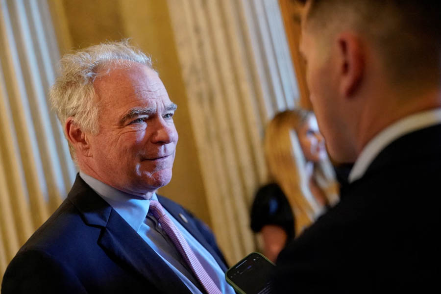 Democrat Senator Tim Kaine speaking in the US Senate chamber after introducing the resolution to rescind Trump’s tariffs on Brazil.