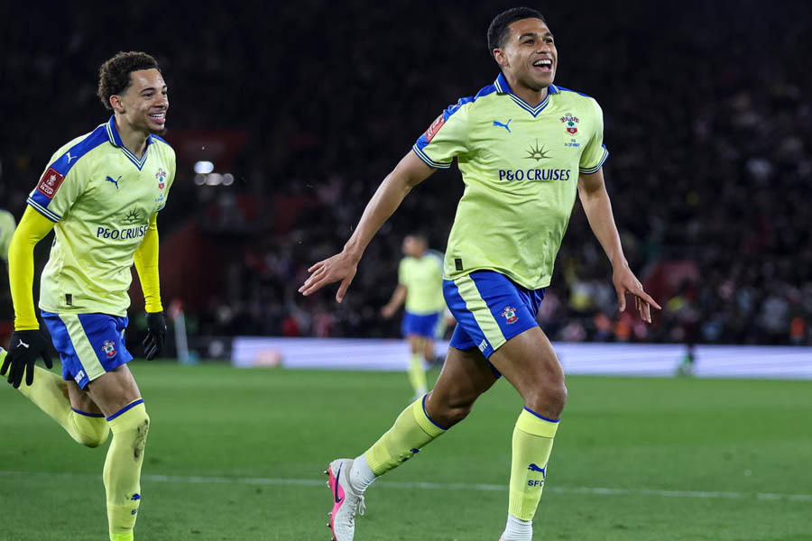 Shea Charles runs away in celebration after scoring what proved to be Southampton's winner against Arsenal in the FA Cup quarter-final at St Mary's.