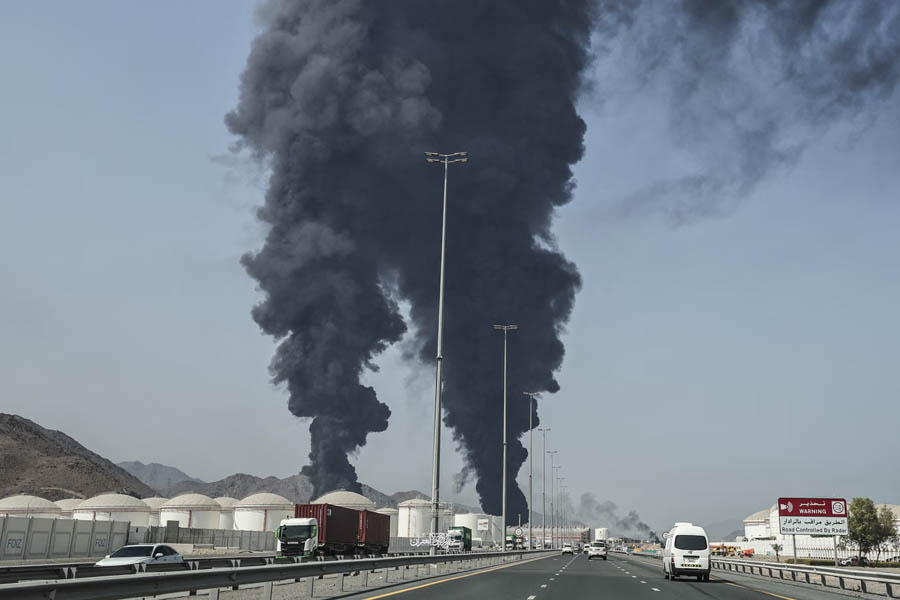 Smoke rising from the direction of a major energy installation in the United Arab Emirates during a reported attack incident.