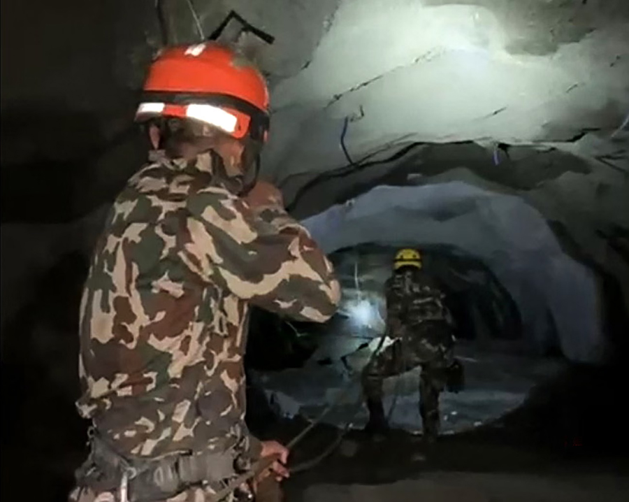 Nepali soldiers search for survivors in a hydropower tunnel in Rasuwa district, Nepal.
