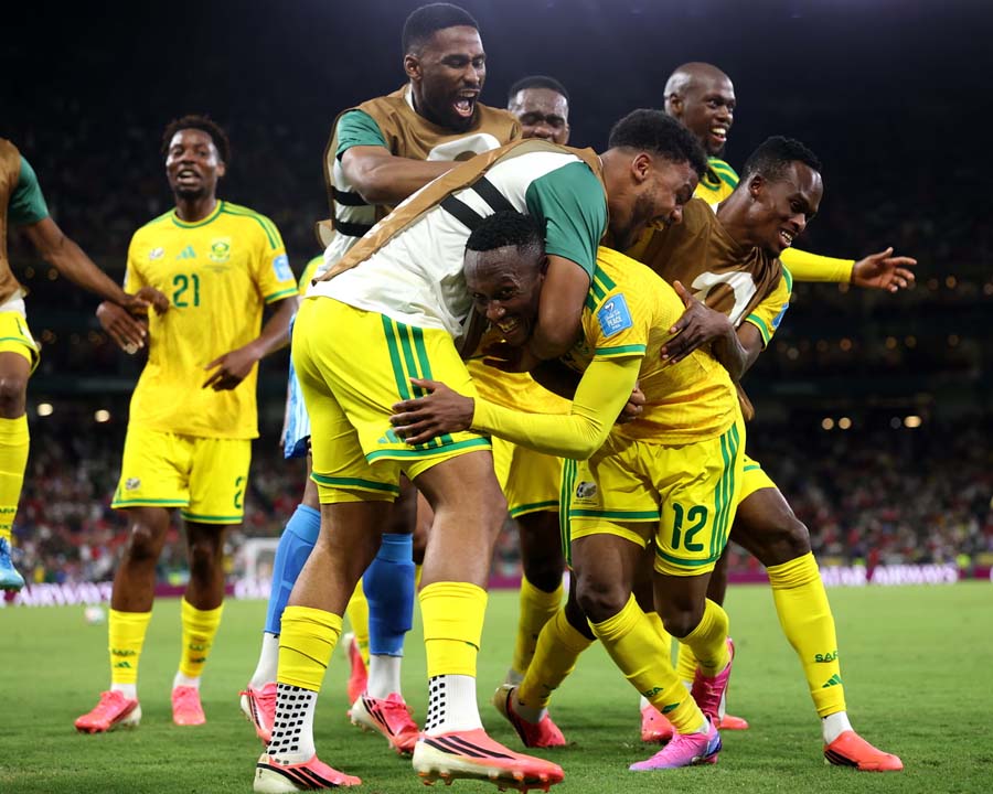 South Africa celebrate after Thapelo Maseko scores a goal for Bafana Bafana in their Group A match against South Korea