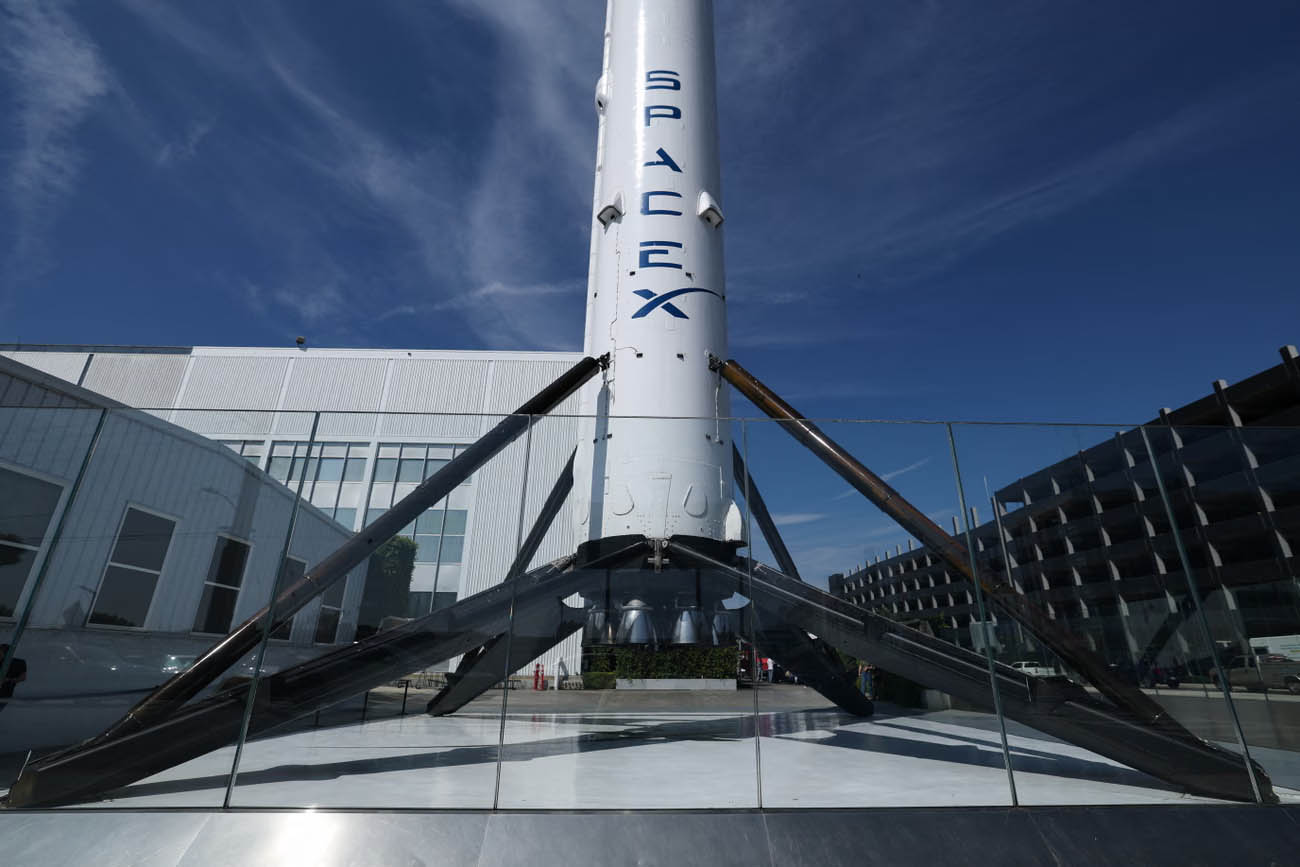 A SpaceX Falcon 9 rocket is displayed outside a Space Exploration Technologies Corp facility in Hawthorne, California, last month.