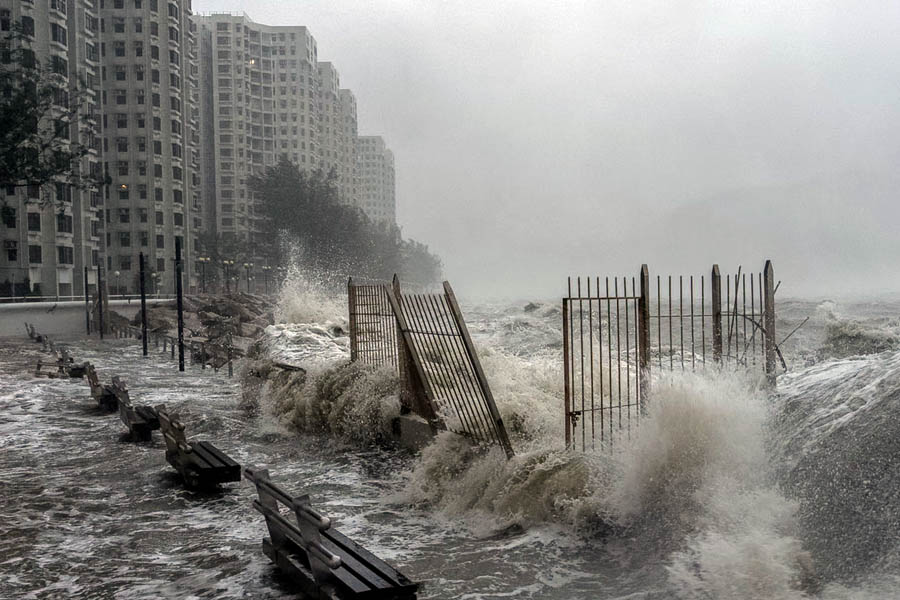 Huge waves slam the waterfront in Heng Fa Chuen, Hong Kong, as Super Typhoon Ragasa approaches with destructive force.