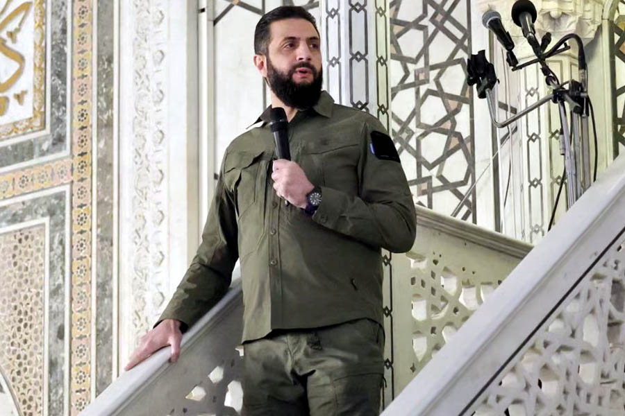 Ahmed al-Sharaa speaking inside the Umayyad Mosque in Damascus during the anniversary marking the fall of Bashar al-Assad.