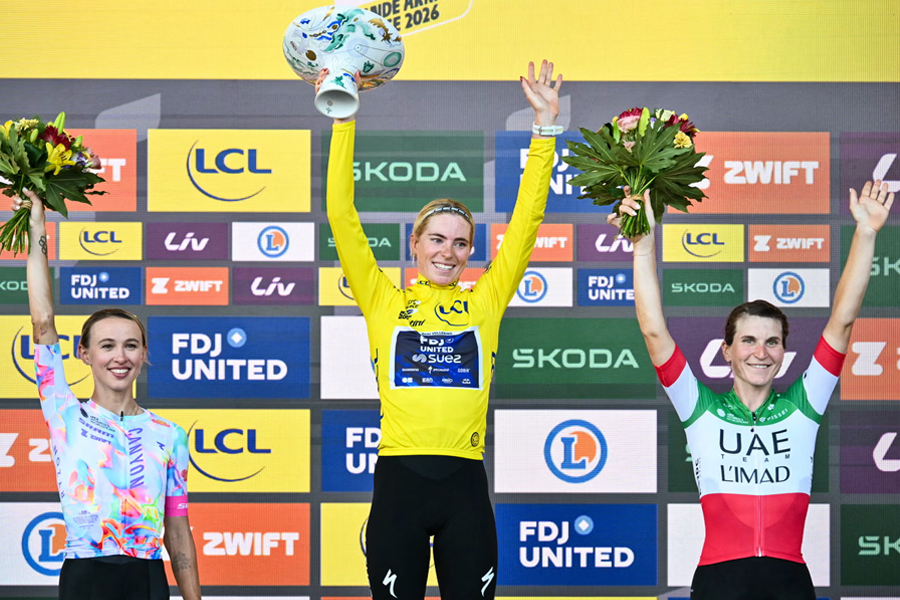 Winner Demi Vollering (centre) alongside runner-up Kasia Niewiadoma (left) and third-placed Elisa Longo Borghini
