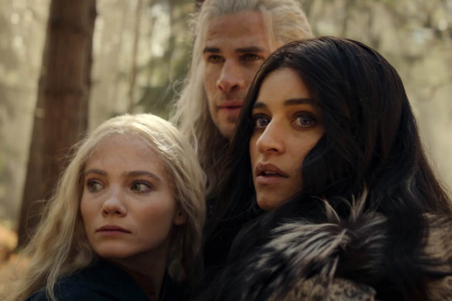 Ciri, Geralt, and Yennefer in Season 4 of The Witcher on Netflix, showcasing the trio in a tense fantasy battle scene.