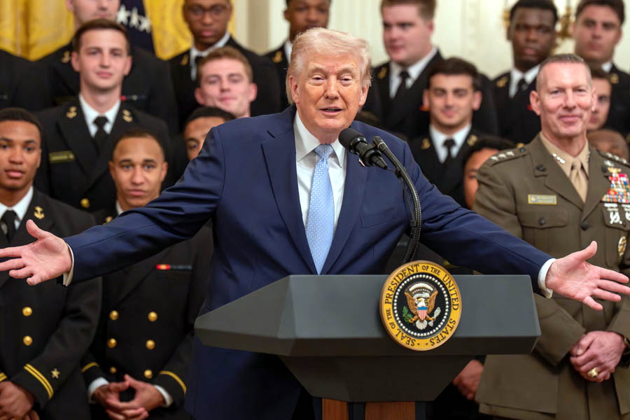 Donald Trump addressing the audience during the Commander-in-Chief Trophy ceremony at the White House.