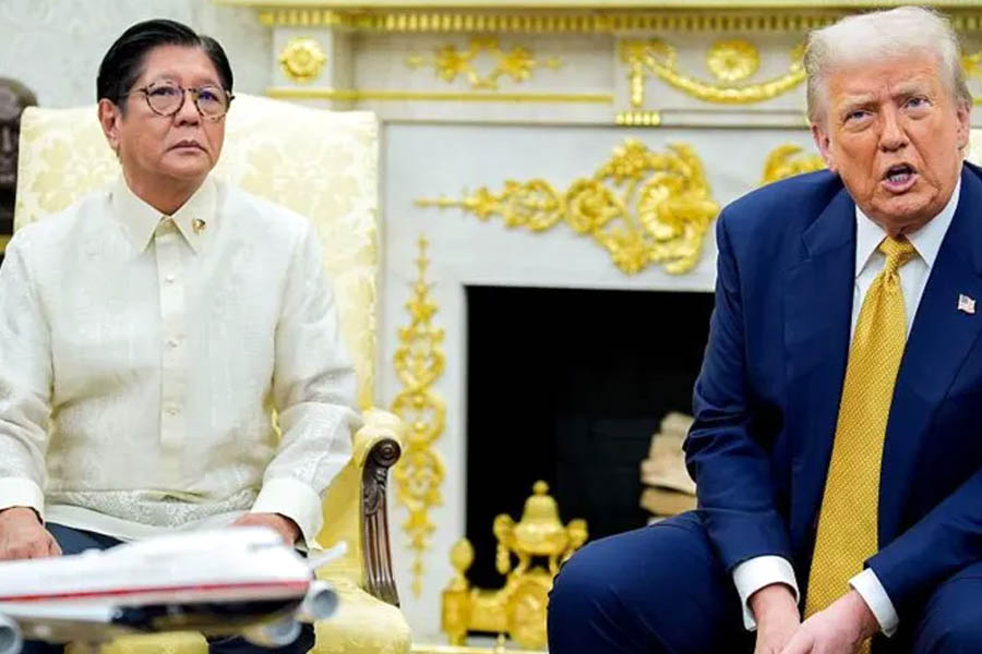 President Donald Trump and the Philippine leader shake hands at the White House following the announcement of a new 19% tariff on Philippine imports as part of a broader trade and military cooperation pact.