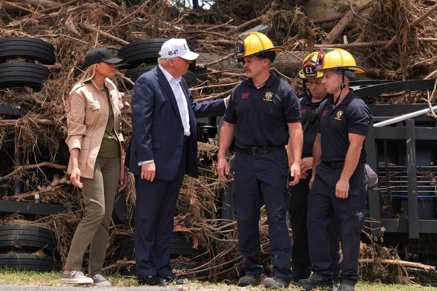 Donald Trump surveys Texas flood devastation as FEMA response draws praise—and scrutiny over his past vow to dismantle it.
