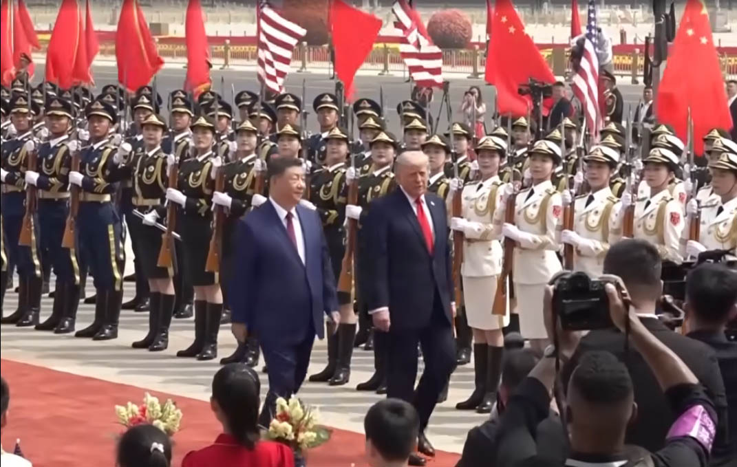 Donald Trump and Xi Jinping meeting during US-China summit discussions involving Taiwan trade and geopolitics