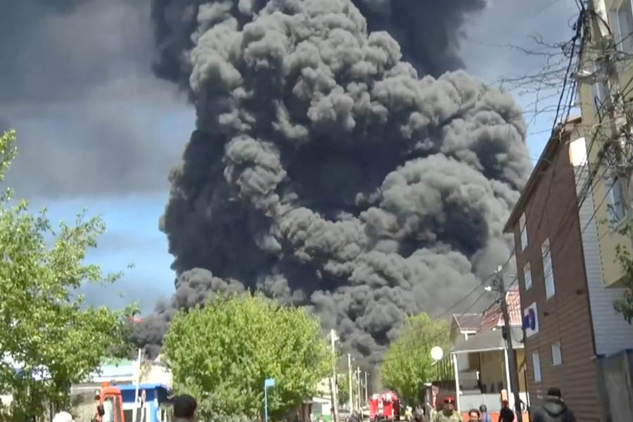 Smoke filling the sky in Tuapse after drone strikes on oil refinery