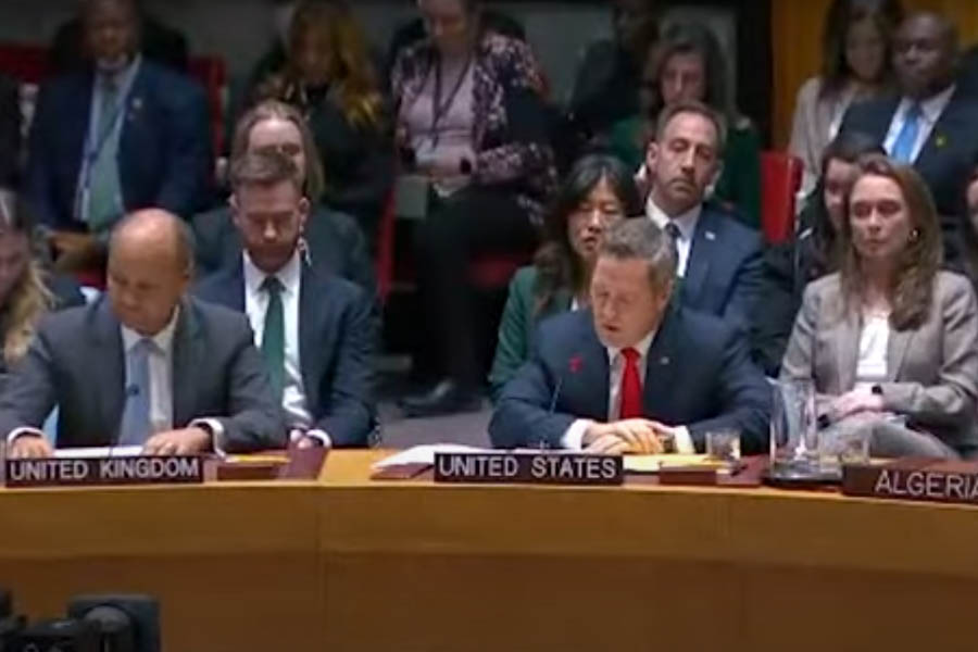 UN Security Council delegates voting to approve Donald Trump’s Gaza plan during a meeting at UN headquarters.