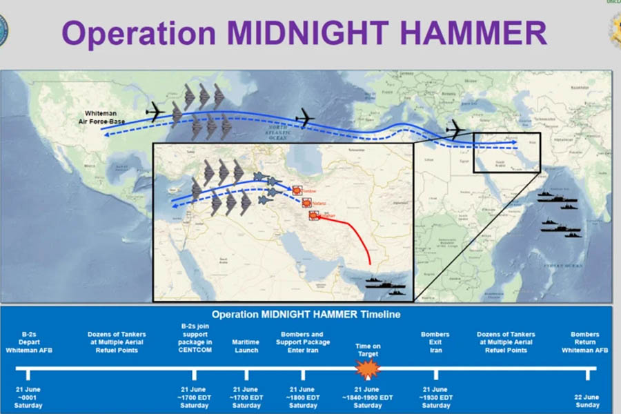Map of the US B-2 bombers setting off from the Whiteman Air Force base in Missouri