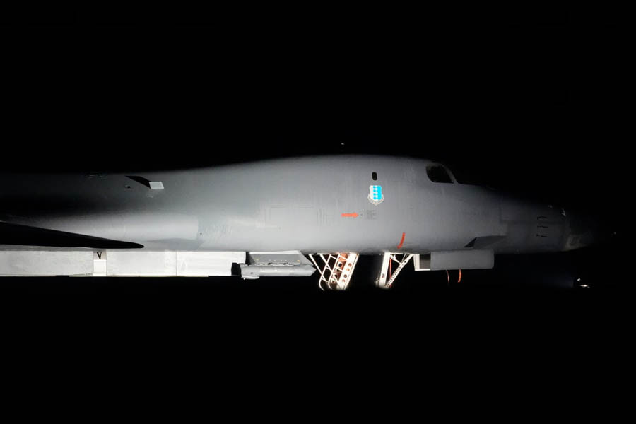 U.S. Air Force Rockwell B-1 Lancer bomber landing at RAF Fairford airbase in the UK during heightened military deployment linked to the Middle East conflict.