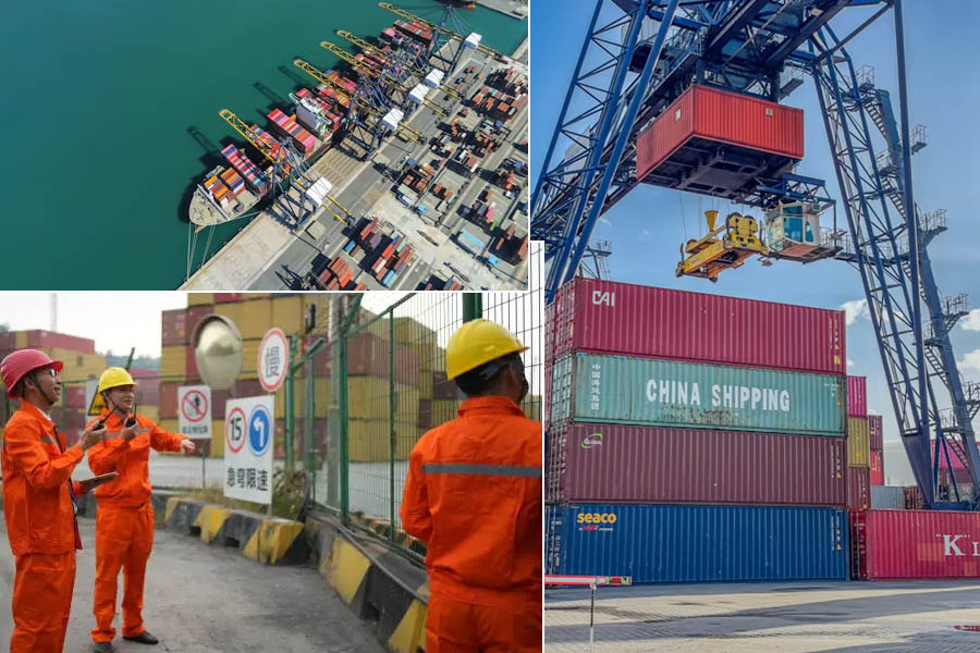 Cargo ship at a Chinese port affected by new US-China trade fees, illustrating rising tensions and impact on international shipping.
