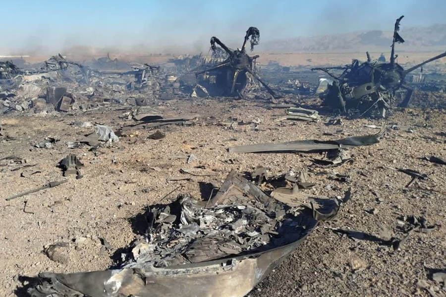 This handout photo provided by Iran's Revolutionary Guard Corps reportedly shows the wreckage of a crashed US F-15E fighter jet in central Iran after it was shot down during the five-week-long war.