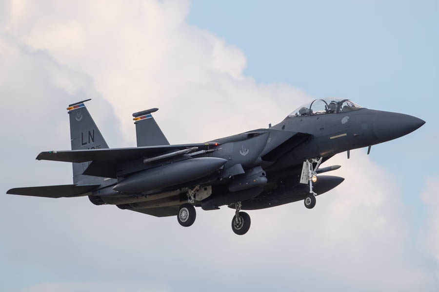 A US Air Force F-15E Strike Eagle fighter jet, the same model that was shot down over southern Iran on Friday. One crew member has been rescued while search operations continue for the second.