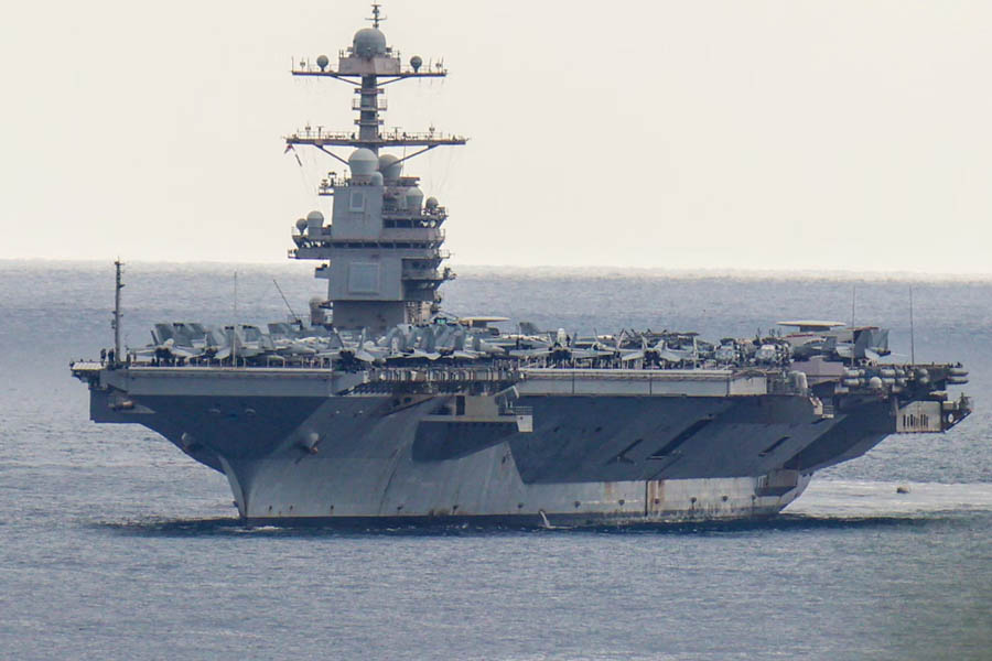 The USS Gerald R Ford at the Souda Bay naval base in Crete in March during its record-breaking 300-day deployment.