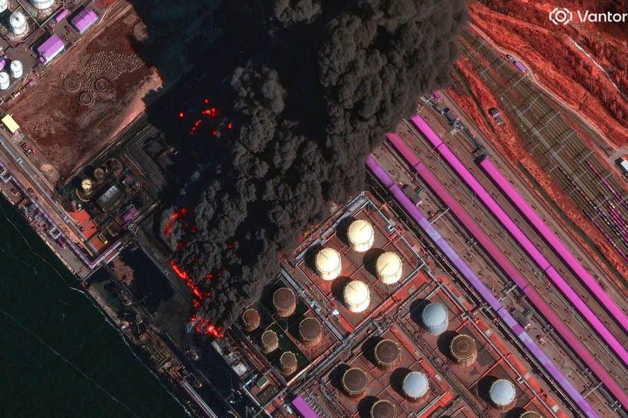 A satellite image shows smoke rising from Russia's Baltic port of Ust-Luga after a Ukrainian attack in the Leningrad region.