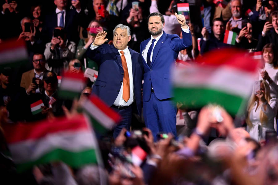 Viktor Orbán, left, and JD Vance at a pre-election rally in Budapest on Tuesday. Polls show the Hungarian leader could lose his 16-year grip on power.