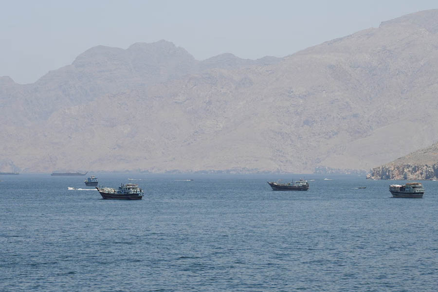Vessels in the Strait of Hormuz, Musandam, Oman, 6 May, as hopes rise that the vital waterway may soon reopen to normal shipping traffic.