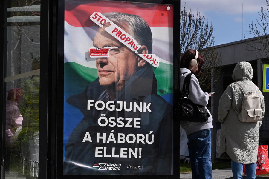 Hungarian Prime Minister Viktor Orbán appears on a general election campaign poster displayed in Budapest.