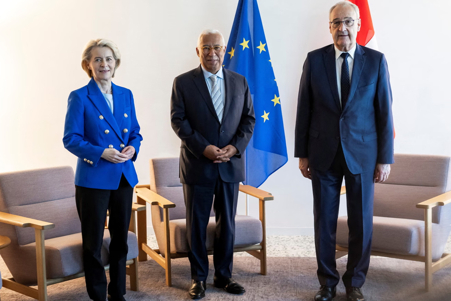 European Commission president Ursula von der Leyen, European Council president António Costa, Swiss Federal president Guy Parmelin, prior to a trilateral meeting on the sidelines of the Evian G7 summit in Geneva, Switzerland.