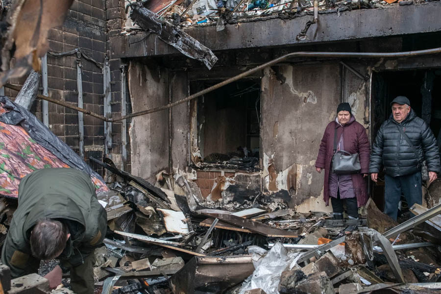 Residents examining widespread destruction at a residential building in Vyshhorod, Kyiv region, after a deadly Russian strike on Sunday.