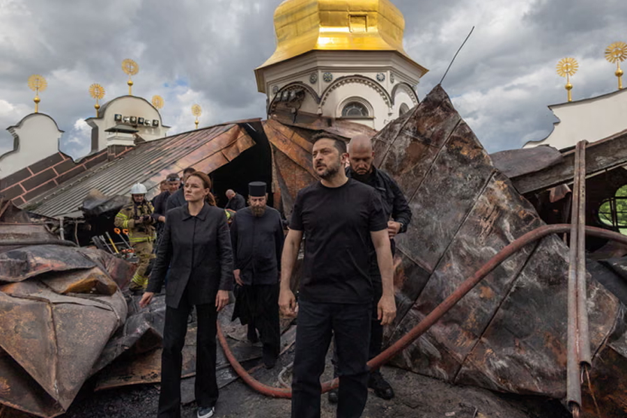 Ukraine's president Volodymyr Zelenskyy and Ukrainian prime minister Yulia Svyrydenko visit the Dormition Cathedral of the Kyiv Pechersk Lavra, which was hit during Russian missile and drone strikes.