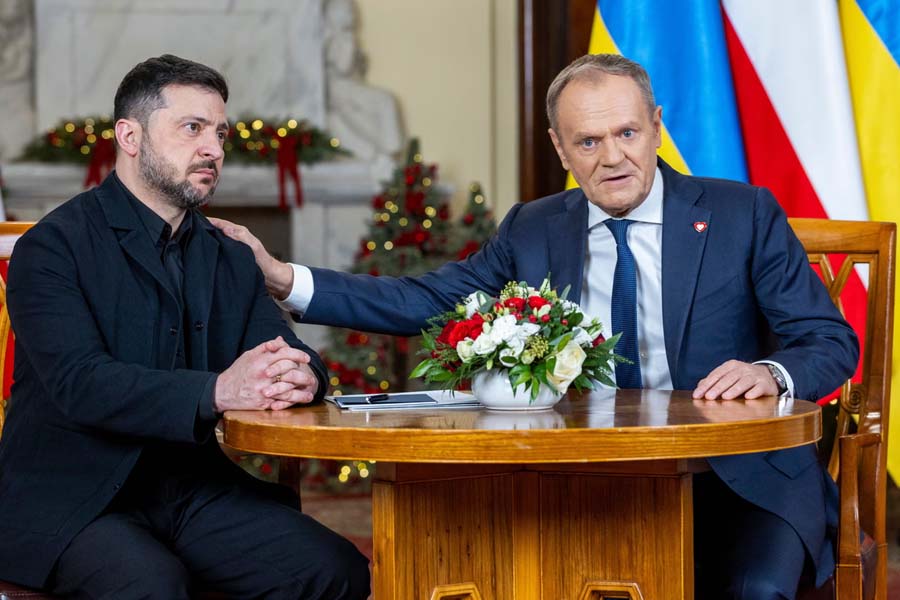 President Volodymyr Zelenskyy meets with Polish Prime Minister Donald Tusk in Warsaw. Tusk has warned that the political dispute between Poland and Ukraine is a "strategic mistake that will harm both sides."