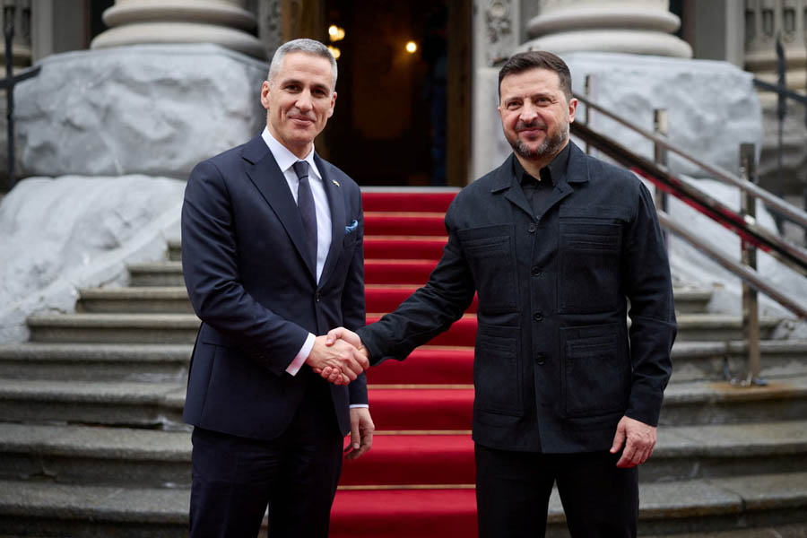 Ukraine's president, Volodymyr Zelenskyy, welcomes Bulgaria's prime minister, Andrey Gyurov, in Kyiv on Monday during discussions on defense and drone production cooperation.